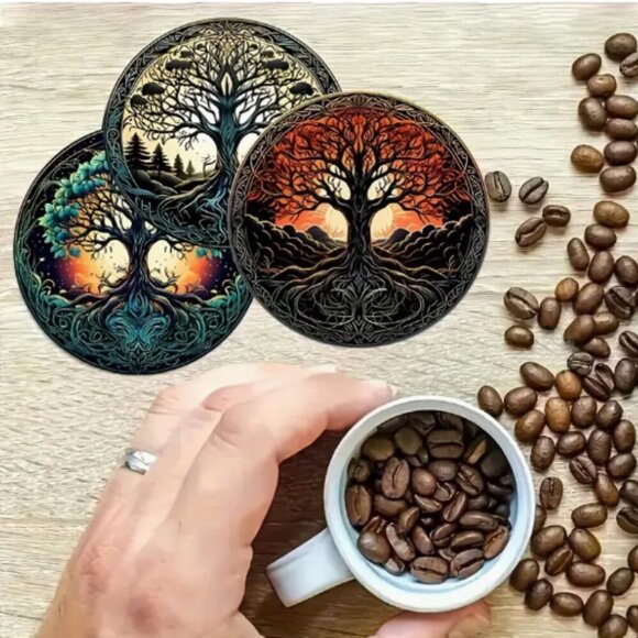 Tree of Life Wooden Coaster Set 8 pc NWT - Picture 2 of 3